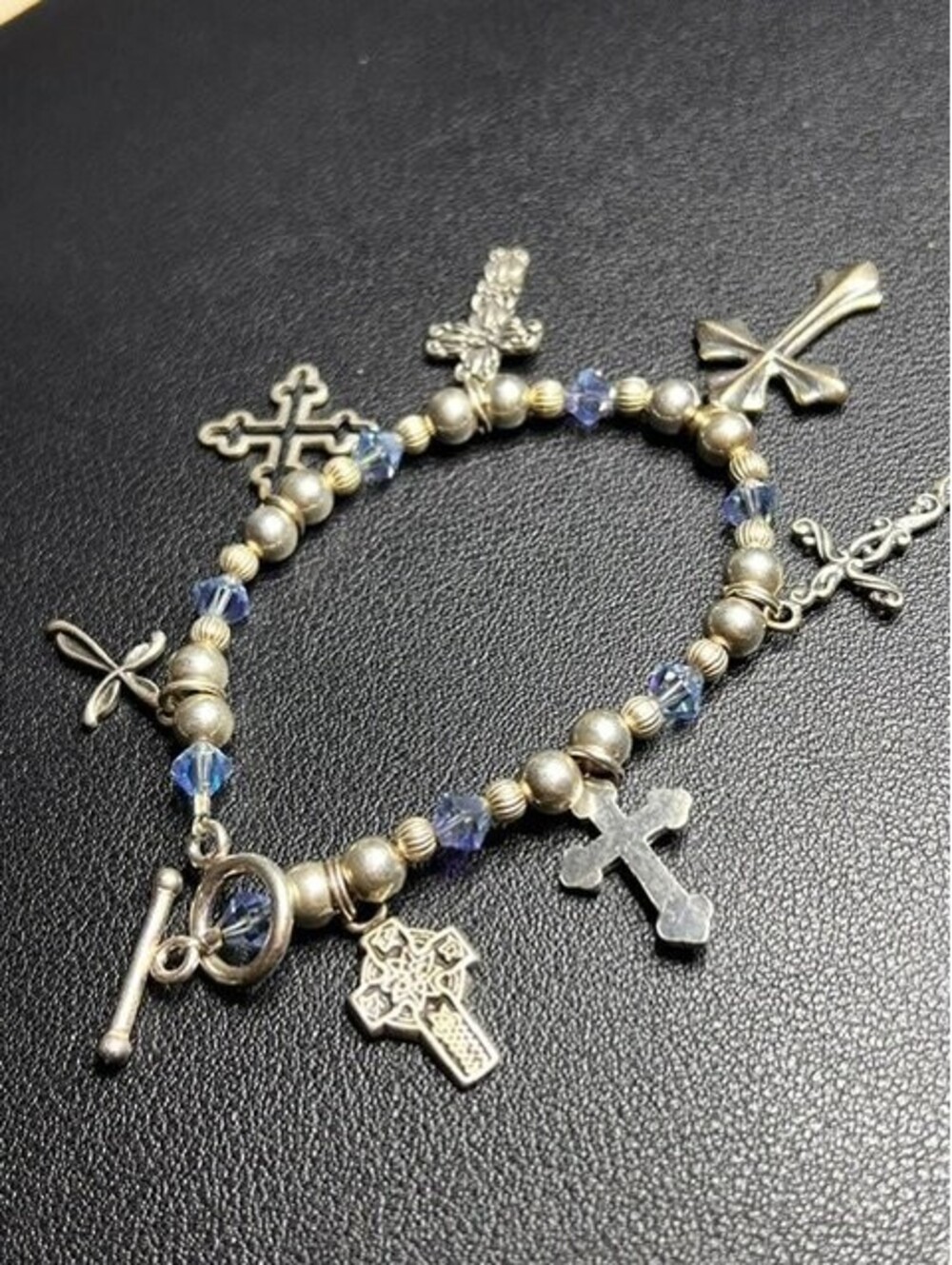 B6098 Sterling Silver Cross Charm Bracelet Crystal  Religious Toggle 7.5" 17.8g